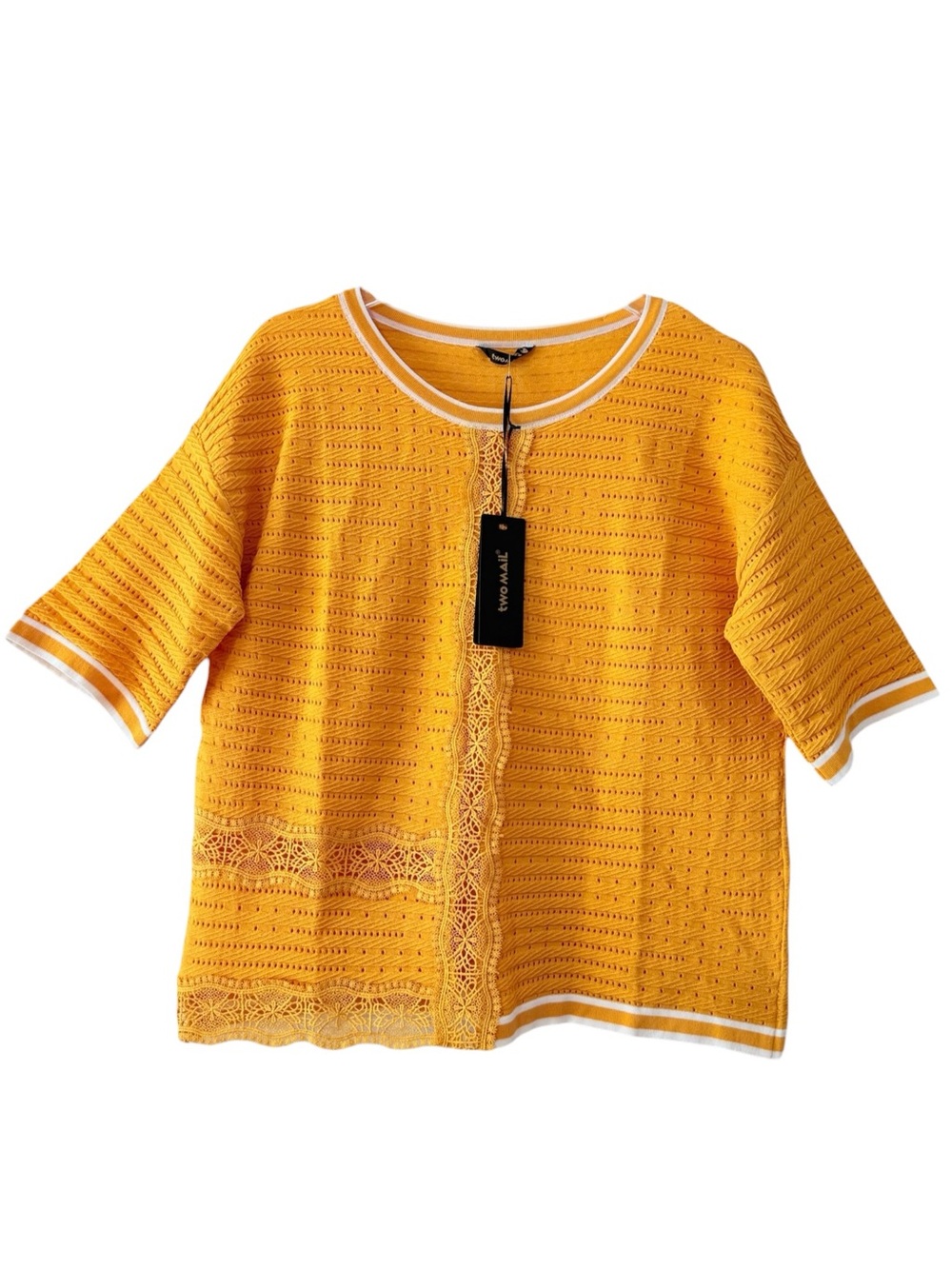 NWT Yellow Eyelet Knit Short Sleeve Ringer Top Oversized Small